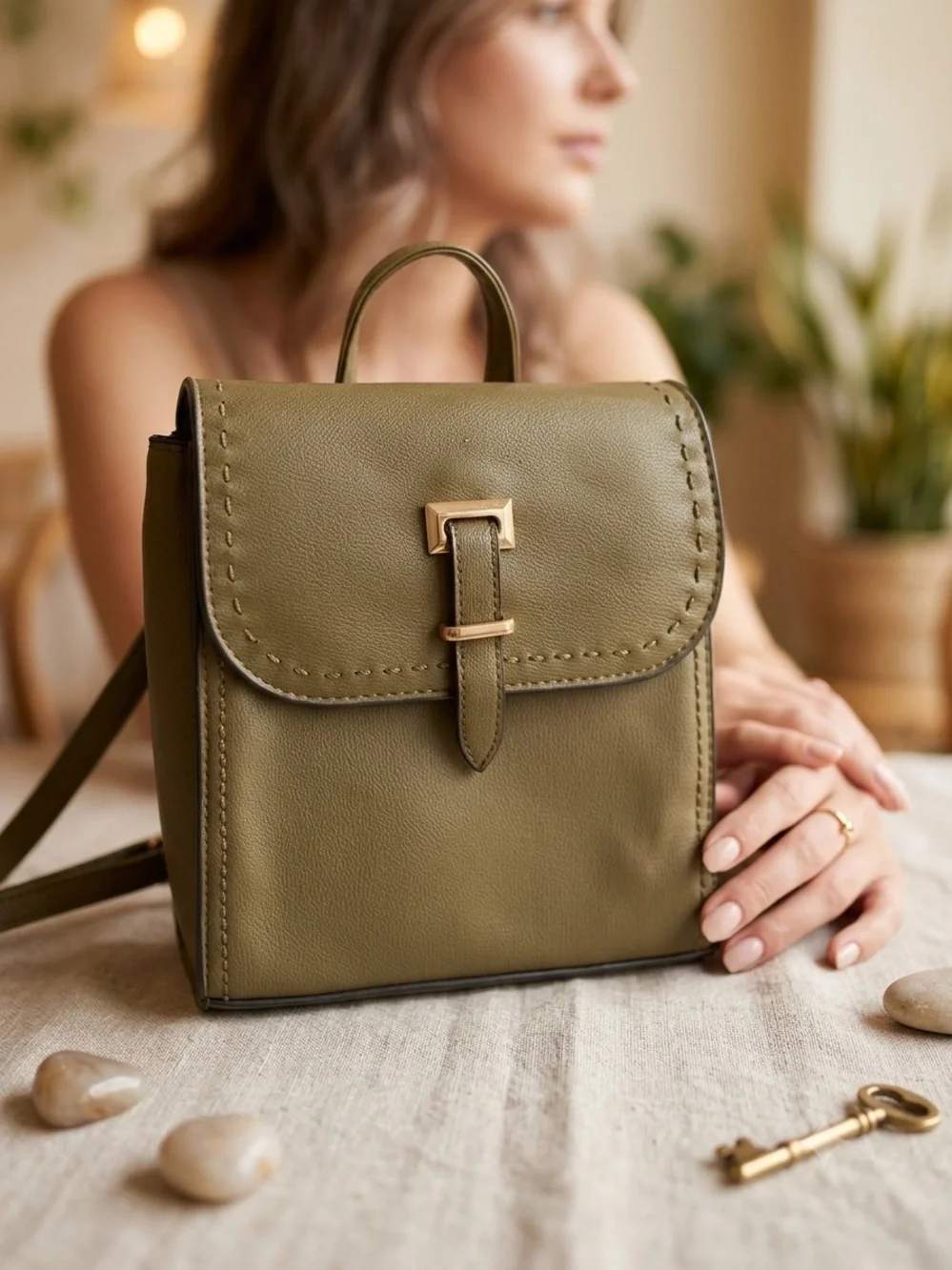 Olive Green Faux Leather Mini Backpack Crossbody Bag